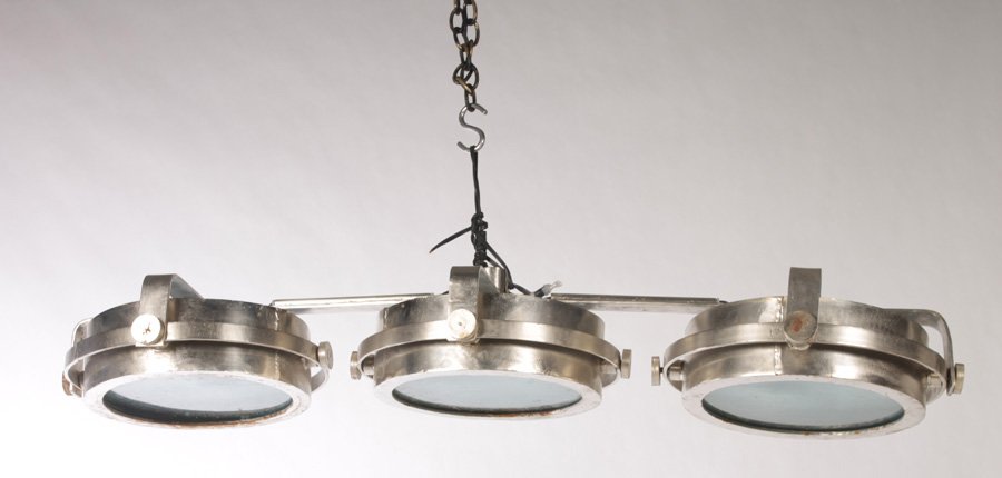 INDUSTRIAL METAL 3 LIGHT HANGING FIXTURE: An industrial metal three light hanging fixture. Ht: 5.5" Width: 47" Depth: 14"