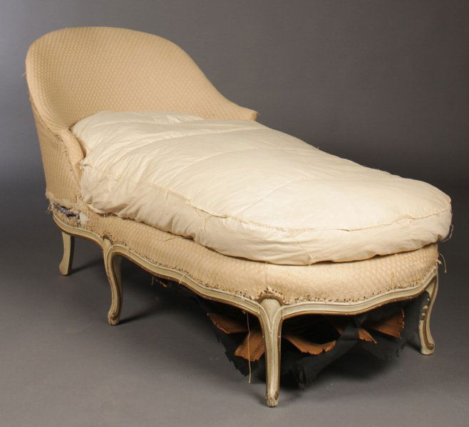 LOUIS XV CARVED PAINTED CHAISE LOUNGE ARCHED BACK: A Louis XV style carved and painted chaise lounge having arched back circa 1950. Ht: 33.5" Width: 30" Depth: 60"