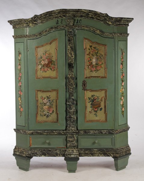 CONTINENTAL PAINTED ARMOIRE 2 DOORS 2 DRAWERS: A Continental painted armoire having faux marbleized cornice over two floral decorated paneled doors over two drawers dated 1810. Ht: 77" Width: 64" Depth: 22"