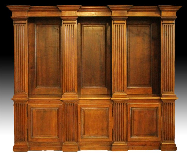 19TH C. FRENCH BIBLIOTEQUE OPEN SHELVES: A good nineteenth century French biblioteque having stepped cornice above open shelves flanked by fluted pilasters. All over lower cabinet with three raised panel doors. Ht: 83.5" Width: 97" Depth: 19
