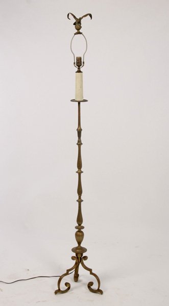 BRONZE FLOOR LAMP DUTCH TASTE EAGLE FINIAL: Bronze floor lamp in the Dutch taste with eagle finial and scrolling legs circa 1960. Ht: 70"
