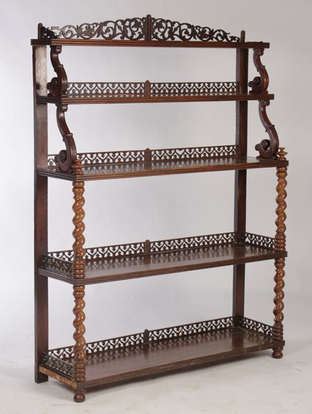 19TH C. LOUIS PHILIPPE ETEGERE 5 SHELVES: Nineteenth century Louis Philippe etegere having two graduated shelves over three larger shelves. All with extensive pierce carved fretwork and barley twist column supports. Ht: 60" Width: 44" Depth: 