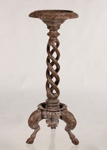 A 19TH C. CARVED PEDESTAL OPEN BARLEY TWIST: A 19th Century Continental carved pedestal having gadrooned top edge supported by open barley twist column raised on cabriole legs with hoof feet. Ht: 40" Width: 16" Depth: 16"