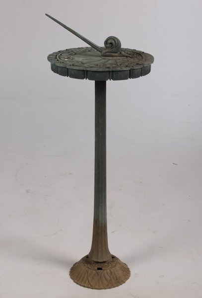 ART NOUVEAU BRONZE SUNDIAL ASTROLOGICAL MARKED: An Art Nouveau style bronze sundial having snail form and astrological dial marked 'Kim Los Angeles'. Supported on fluted and shaped pedestal with flared base. Ht: 38.5" Dia: 14"