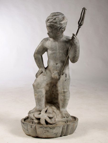 WHEELER WILLIAMS ATTR. CAST LEAD FOUNTAIN NEPTUNE: A Wheeler Williams attributed cast lead fountain figure of Neptune holding a trident and shell form cod piece standing on naturalistic base. Ht: 31" Width: 15" Depth: 9"