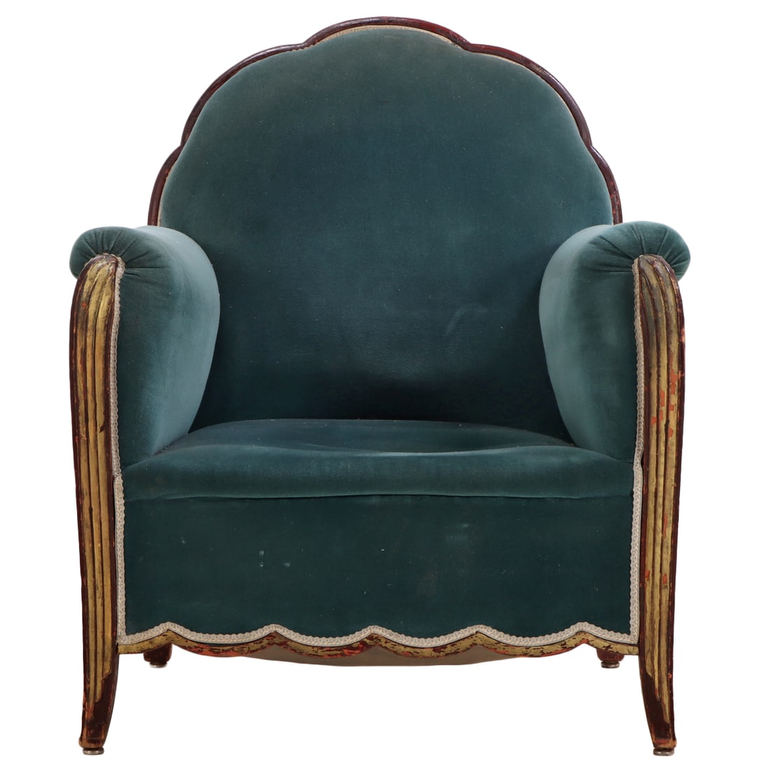 FRENCH ART DECO LOUNGE CHAIR HAVING A SHAPED FRAME C 1920 POSSIBLY BY ANDRE FRECHET (1875-1973): French Art Deco lounge chair having a shaped frame C 1920 possibly by Andre Frechet (1875-1973) Ht: 34" Wd: 29" Dpth: 33" Seat: 14"