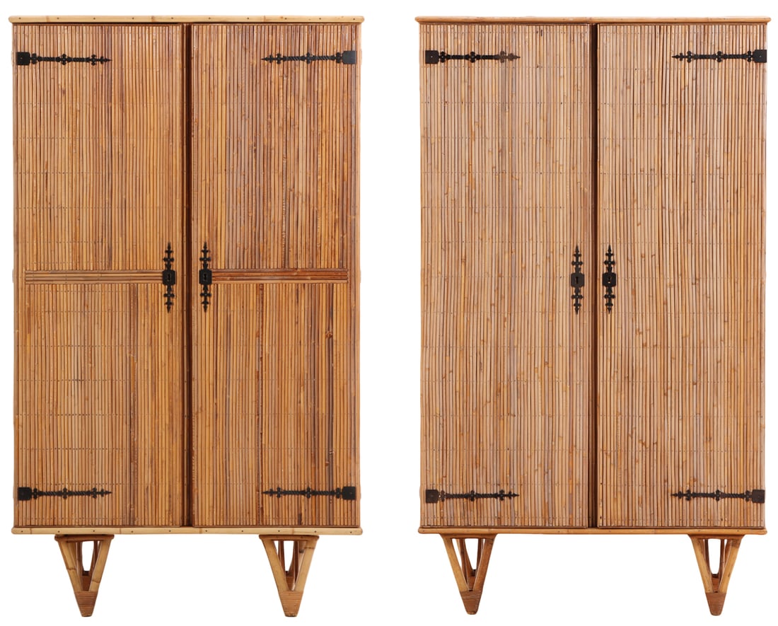 A NEAR PAIR OF FRENCH RATTAN TWO DOOR CABINETS C 1960. CABINETS CAN BE DISMANTLED TO FLAT. (1 of 7)