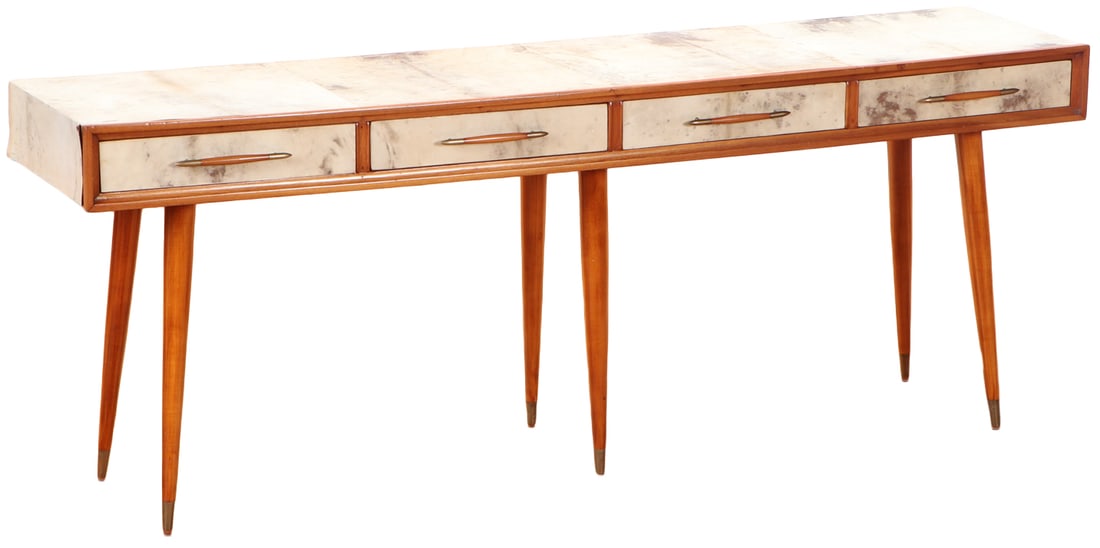 FOUR DRAWER WOOD AND PARCHMENT CONSOLE TABLE IN THE MANNER OF GIO PONTI C 1950. (1 of 8)