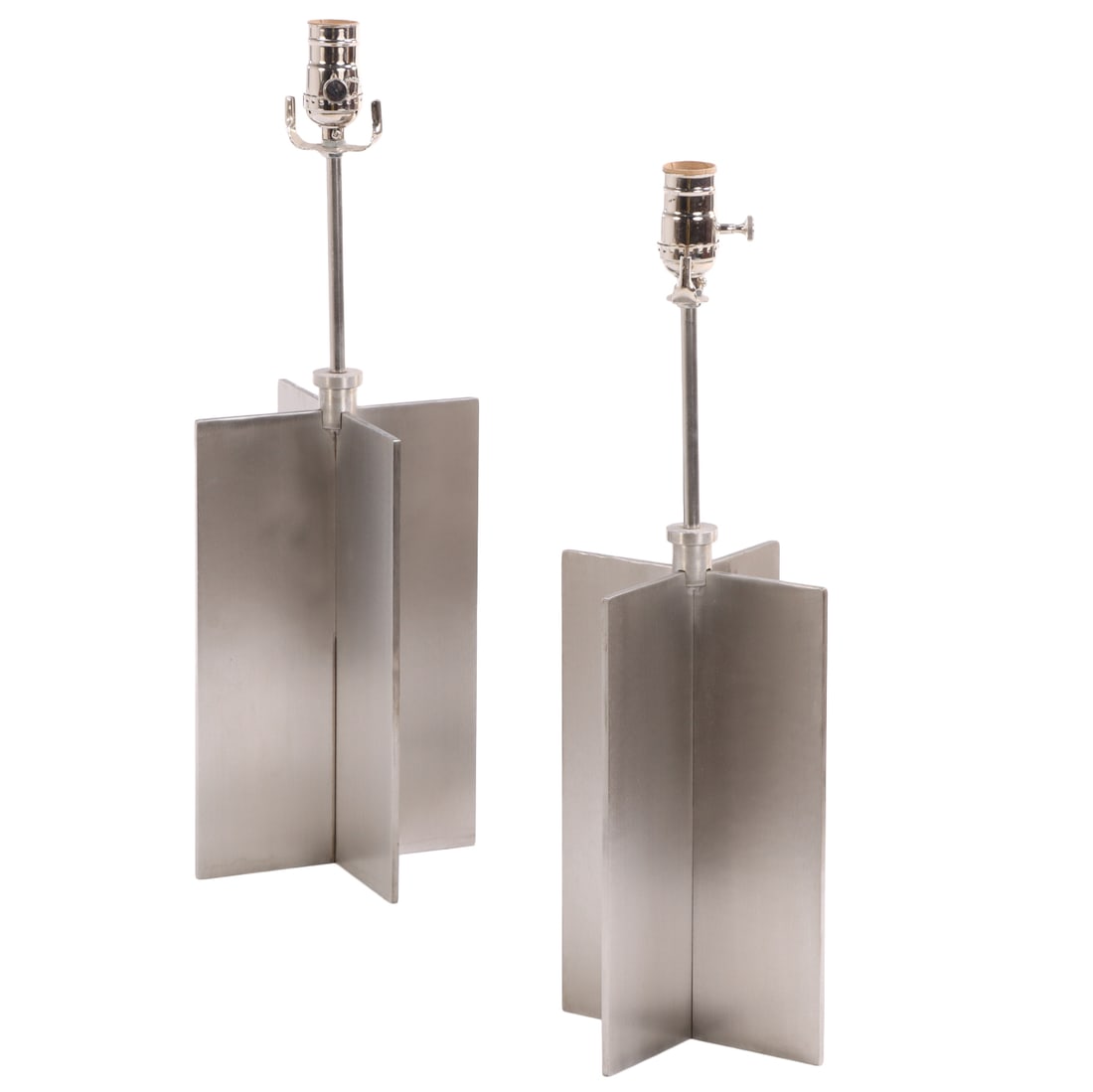 PAIR OF STAINLESS STEEL TABLE LAMPS IN THE MANNER OF JEAN-MICHEL FRANK. (1 of 5)
