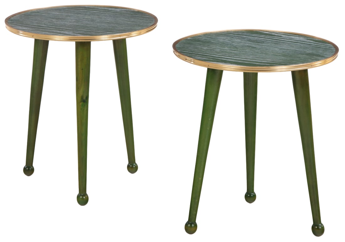 PAIR OF ROUND DRINKS TABLES HAVING GREEN CERUSED OAK TOPS BOUND IN BRASS RESTING ON GREEN LEGS. (1 of 4)