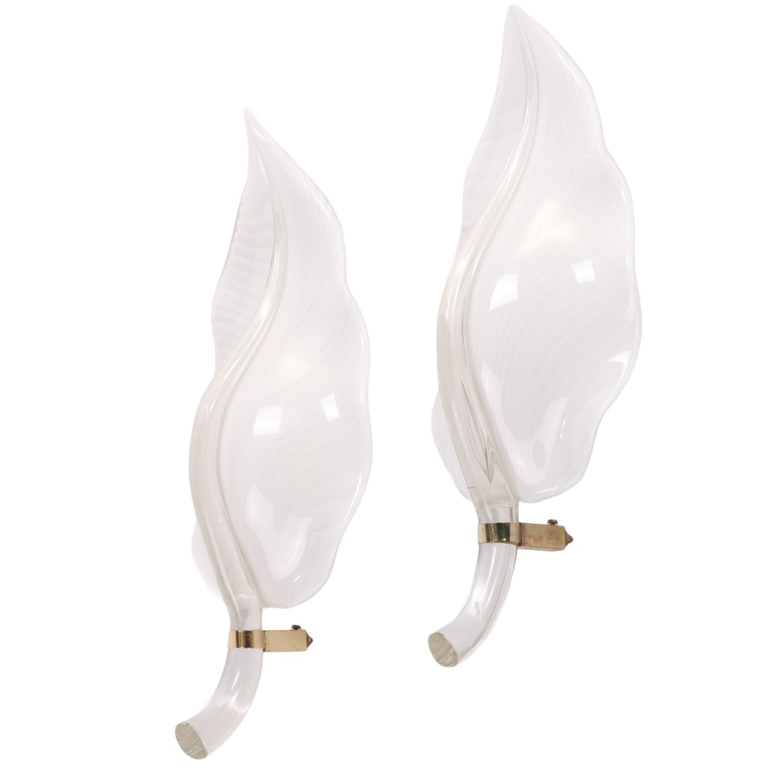 PAIR OF MURANO GLASS LEAF FORM SCONCES HAVING CLEAR AND WHITE GLASS C 1970 (1 of 5)