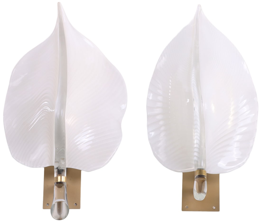 PAIR OF MURANO GLASS LEAF FORM SCONCES HAVING CLEAR AND WHITE GLASS C 1970 (1 of 6)
