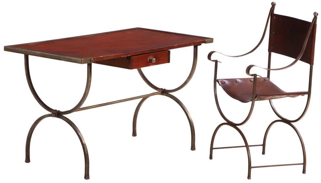 FRENCH IRON AND LEATHER DESK AND CHAIR IN THE MANNER OF JANSEN C 1950.: French iron and leather desk and chair in the manner of Jansen C 1950. Chair- Ht: 39", Wd: 21.5", Dpth; 19", Seat: 17.25". Ht: 29" Wd: 47.75" Dpth: 27"