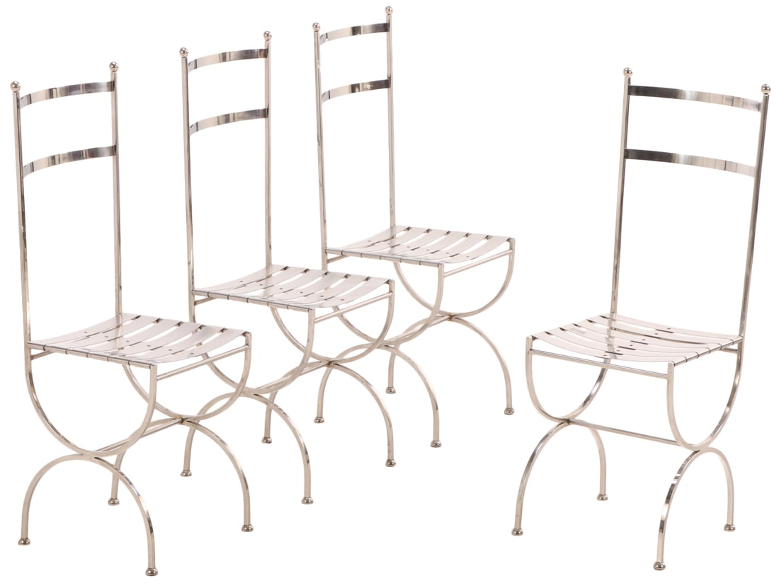 FOUR FRENCH POLISHED STEEL SIDE CHAIRS ATTRIBUTED TO JANSEN C 1970. (1 of 8)
