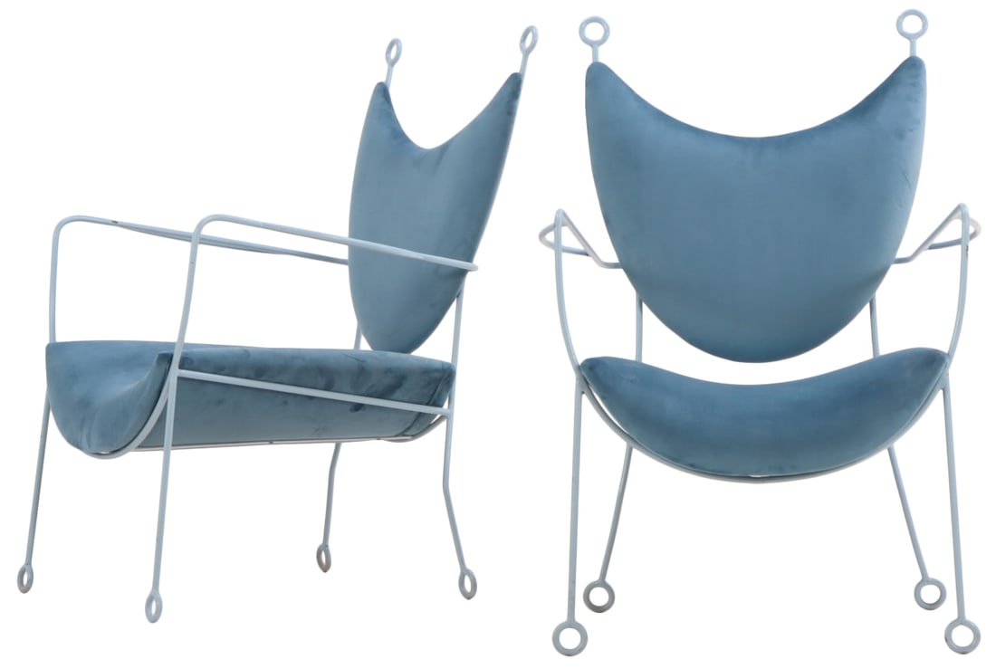 PAIR OF PAINTED IRON AND UPHOLSTERED OPEN ARM CHAIRS IN THE MANNER OF JEAN ROYERE. (1 of 5)