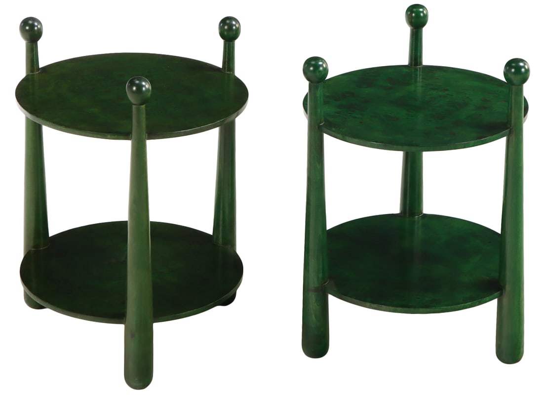 PAIR OF OLIVE WOOD END TABLES WITH BAT FORM LEGS IN THE MANNER OF JEAN ROYERE HAVING A GREEN TINT. (1 of 4)