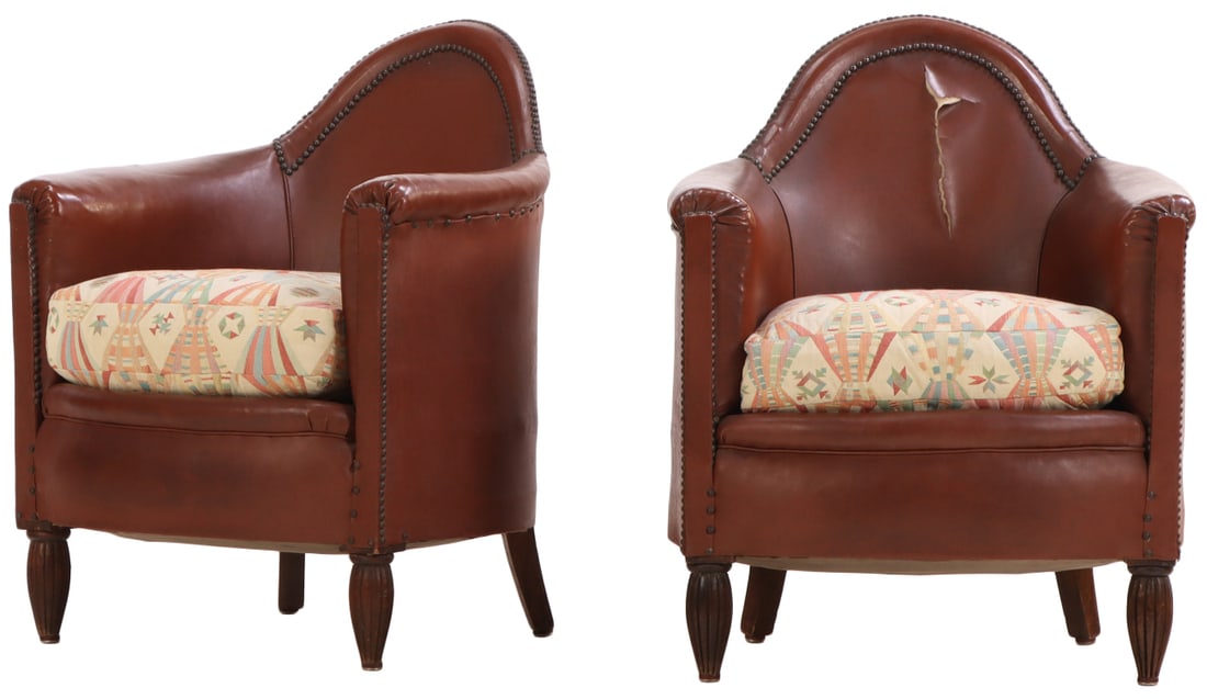 PAIR OF FRENCH ART DECO LOUNGE CHAIRS C 1940 WITH BRASS TACK DETAILS. NOT LEATHER. (1 of 6)