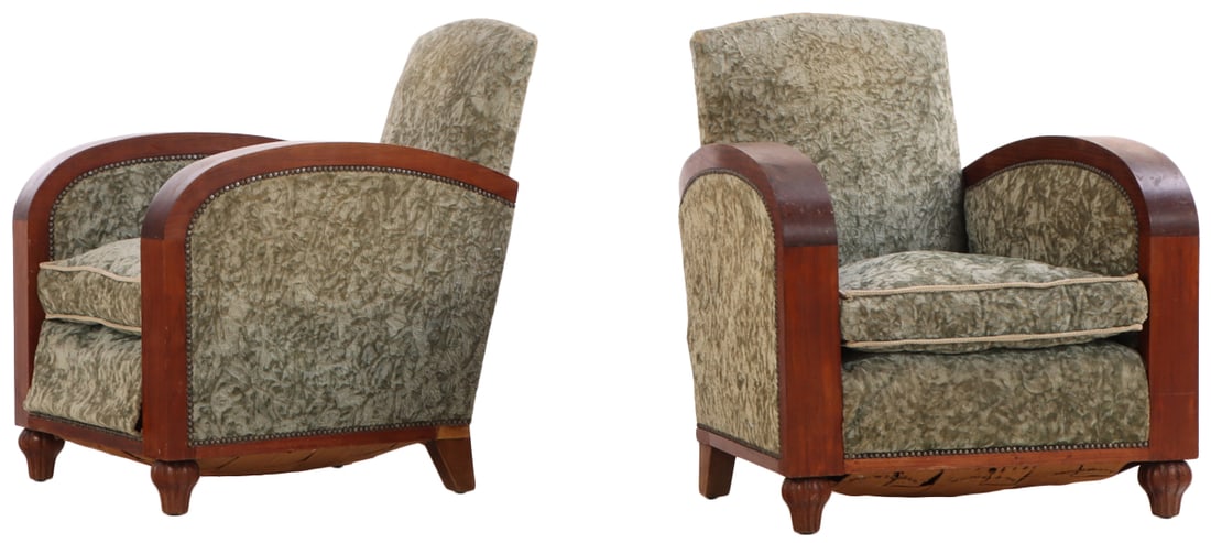 PAIR FRENCH ART DECO MAHOGANY UPHOLSTERED LOUNGE CHAIRS C 1935. (1 of 6)