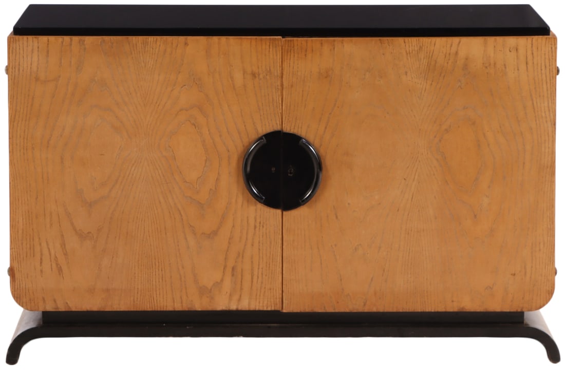 FRENCH ART DECO OAK AND EBONIZED CABINET HAVING A BLACK GLASS TOP AND TWO DOORS OPENING TWO DRAWERS: French Art Deco oak and ebonized cabinet having a black glass top and two doors opening two drawers C 1940. Ht: 33.25" Wd: 53" Dpth: 24"