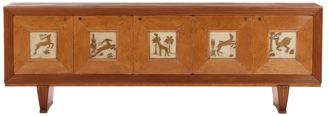 LARGE ITALIAN MAPLE ART DECO SIDEBOARD HAVING SQUARE PANELS DEPICTING VARIOUS ANIMALS C 1040. (1 of 6)