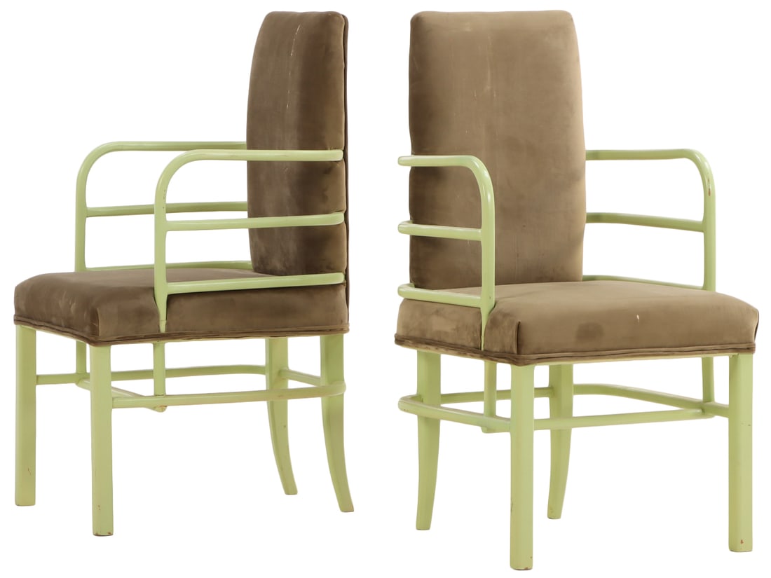 PAIR OF LACQUERED WOOD ARM CHAIRS ATTRIBUTED TO KEM WEBER.: Pair of lacquered wood arm chairs attributed to Kem Weber. Ht: 41.5" Wd: 21" Dpth: 24" Seat: 20"