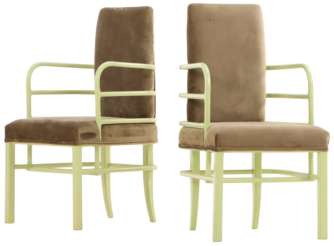 PAIR OF LACQUERED WOOD ARM CHAIRS ATTRIBUTED TO KEM WEBER. (1 of 6)