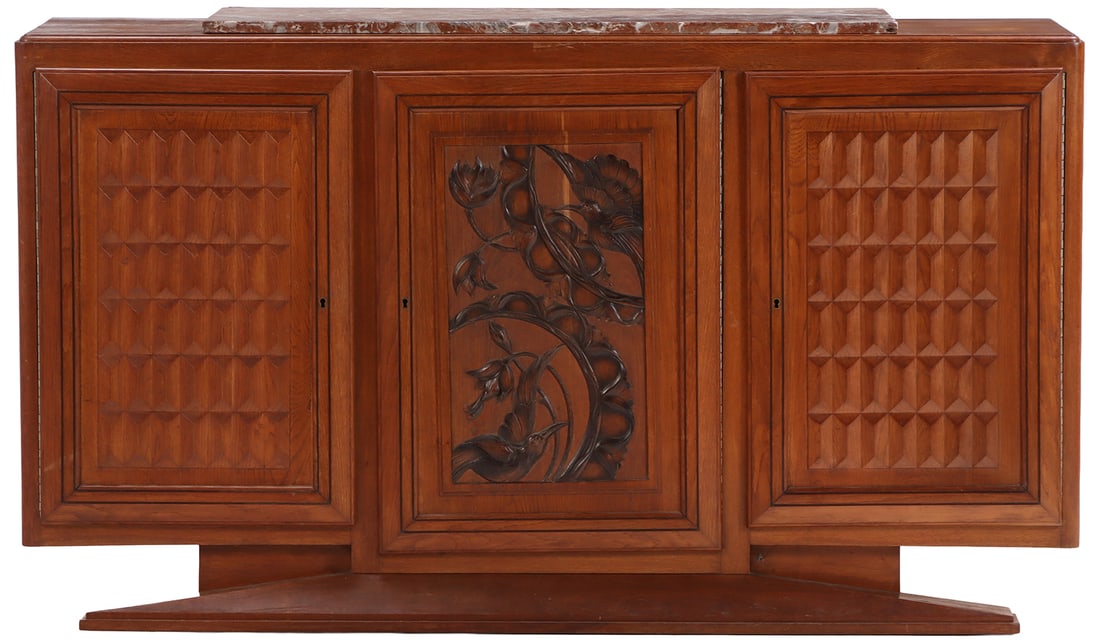 FRENCH ART DECO MARBLE TOP SIDEBOARD HAVING A CENTRAL DOOR WITH CARVED BIRDS AND FLOWERS FLANKED (1 of 9)