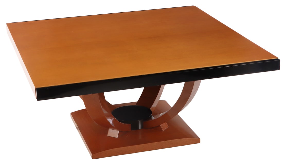 A LABELED KARL SPRINGER ANEGRE WOOD AND PARTIAL EBONIZED ART DECO STYLE DINING TABLE WITH TWO (1 of 6)