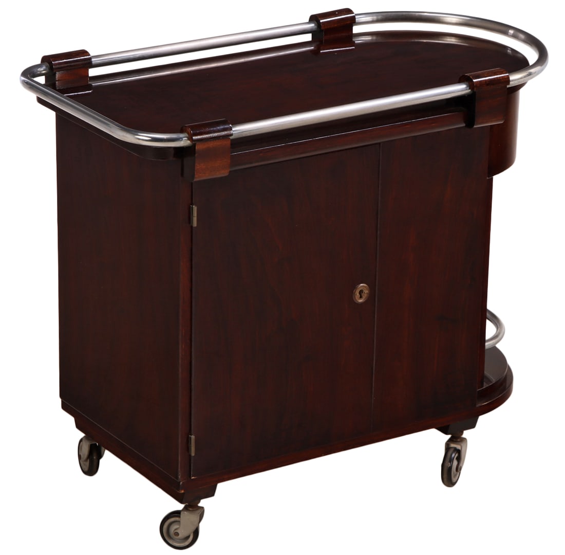 FRENCH WOOD AND CHROME BAR CART C 1940 WITH MAPLE INTERIOR. (1 of 8)