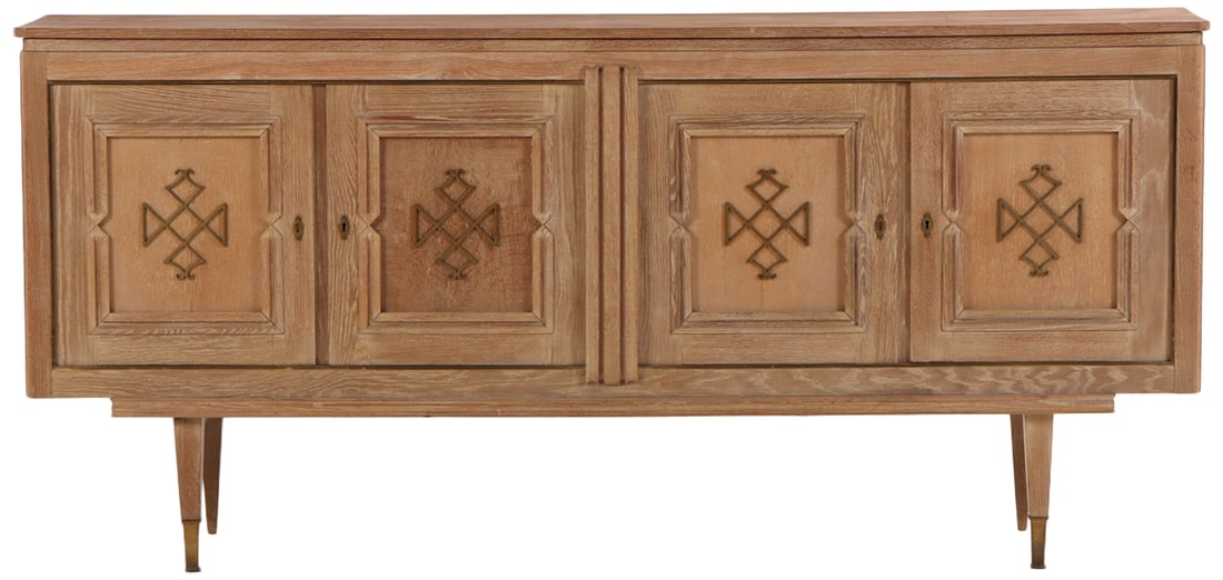 FRENCH FOUR DOOR CERUSED OAK AND BRONZE MOUNTED SIDEBOARD C 1945. (1 of 7)