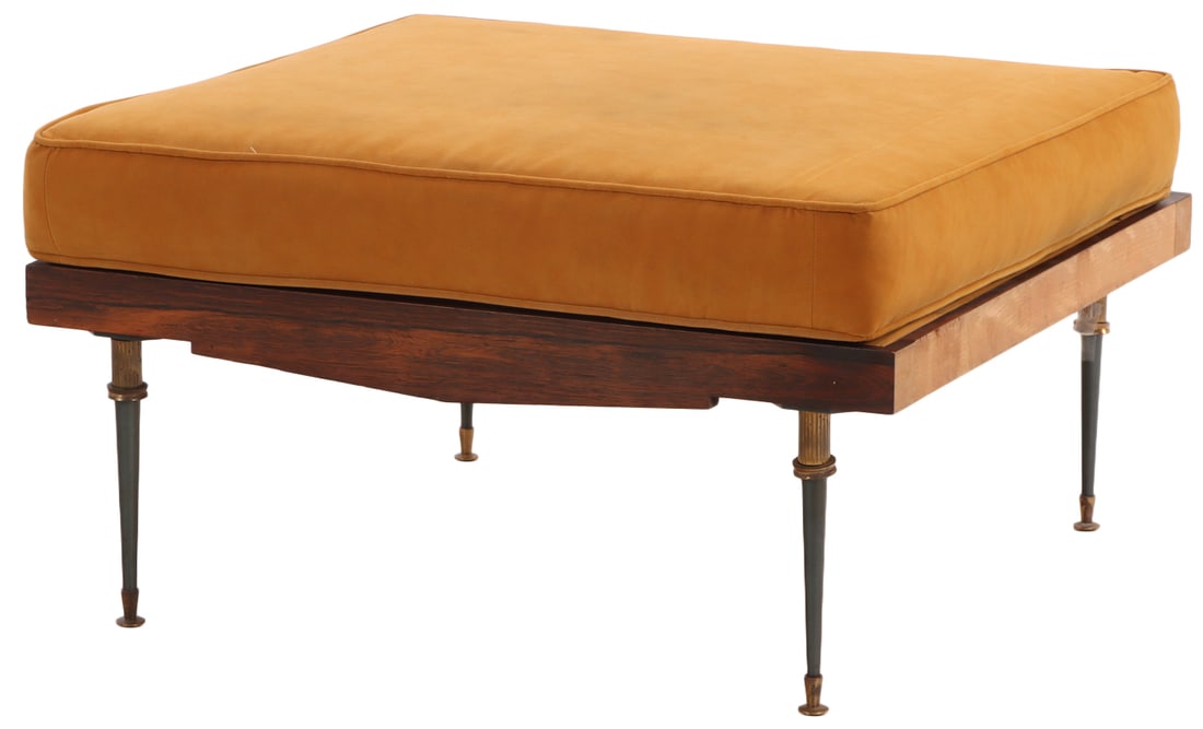 FRENCH ROSEWOOD OTTOMAN HAVING IRON LEGS WITH BRASS MOUNTS AND LOOSE CUSHION C 1960. (1 of 7)