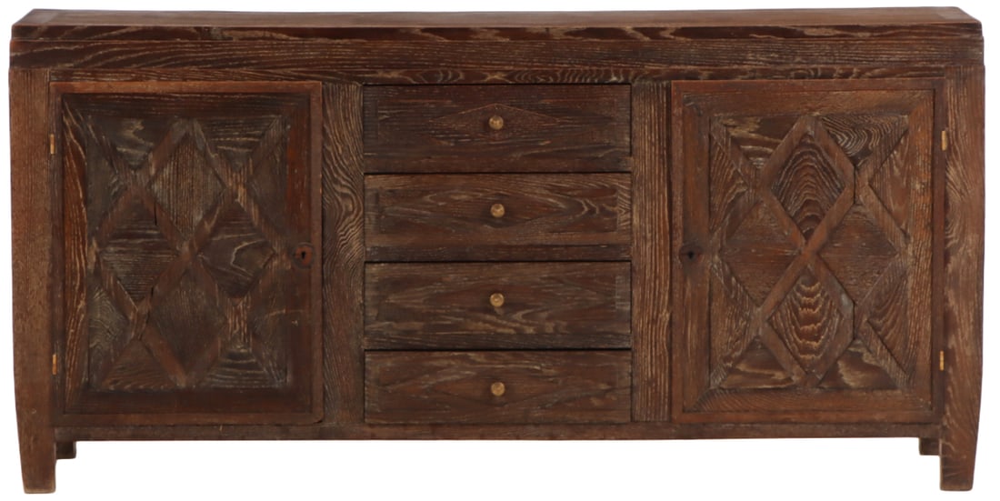 FRENCH DARK CERUSED OAK SIDEBOARD WITH TWO DOORS AND DIAMOND DESIGN C 1940. (1 of 8)