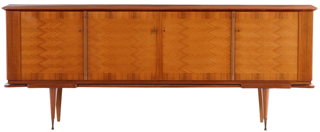FRENCH BLEACHED MAHOGANY INLAID SIDEBOARD HAVING FOUR DOORS WITH A MIRRORED BAR COMPARTMENT C 1960. (1 of 10)