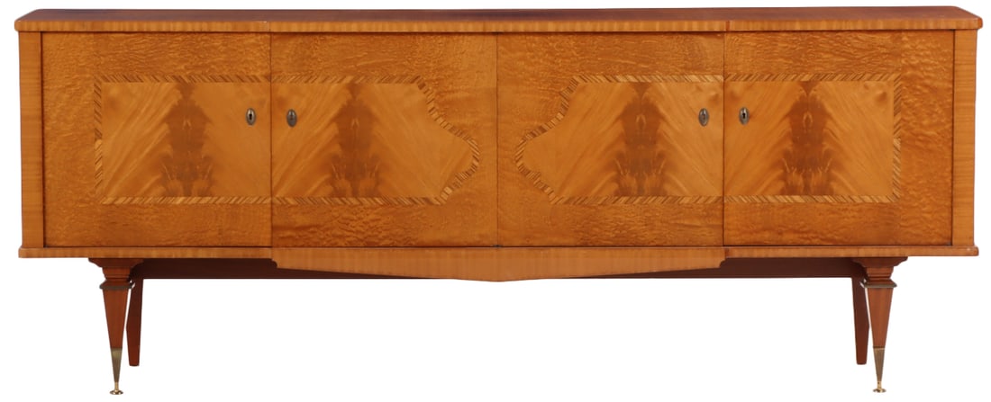 FRENCH MAHOGANY SIDEBOARD BAR CABINET HAVING A DROP DOWN GLASS BAR INTERIOR AND SYCAMORE DRAWERS (1 of 7)