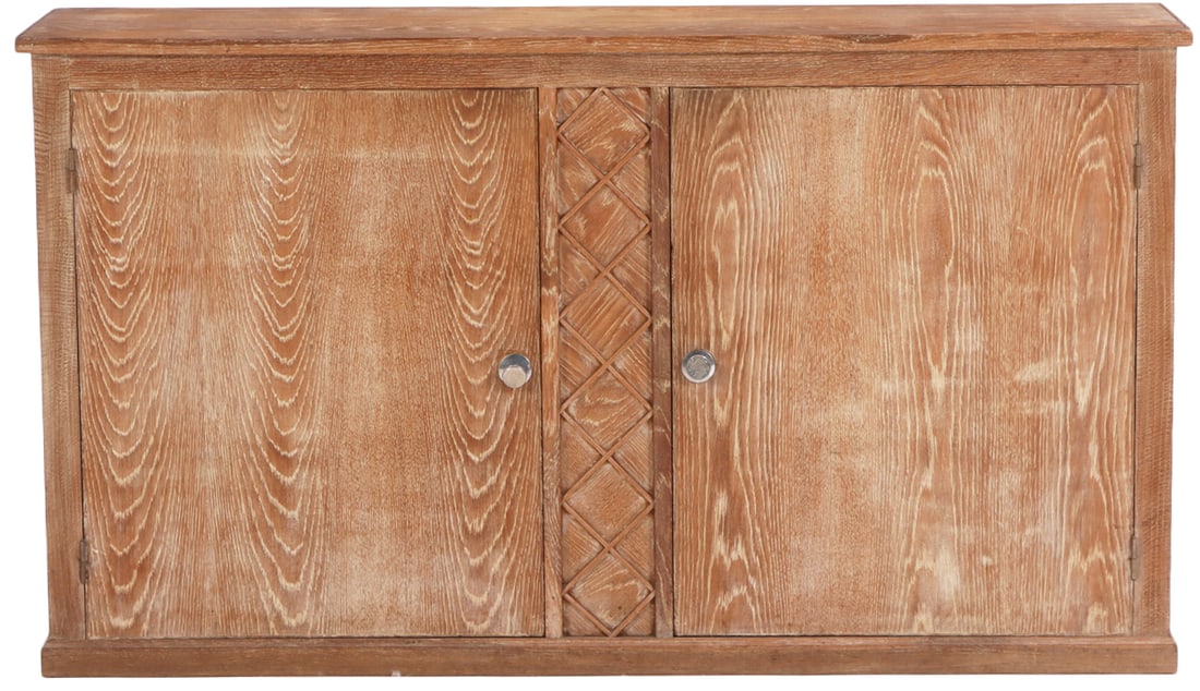FRENCH CERUSED OAK CREDENZA WITH TWO DOORS AND X DESIGN C 1950. (1 of 5)