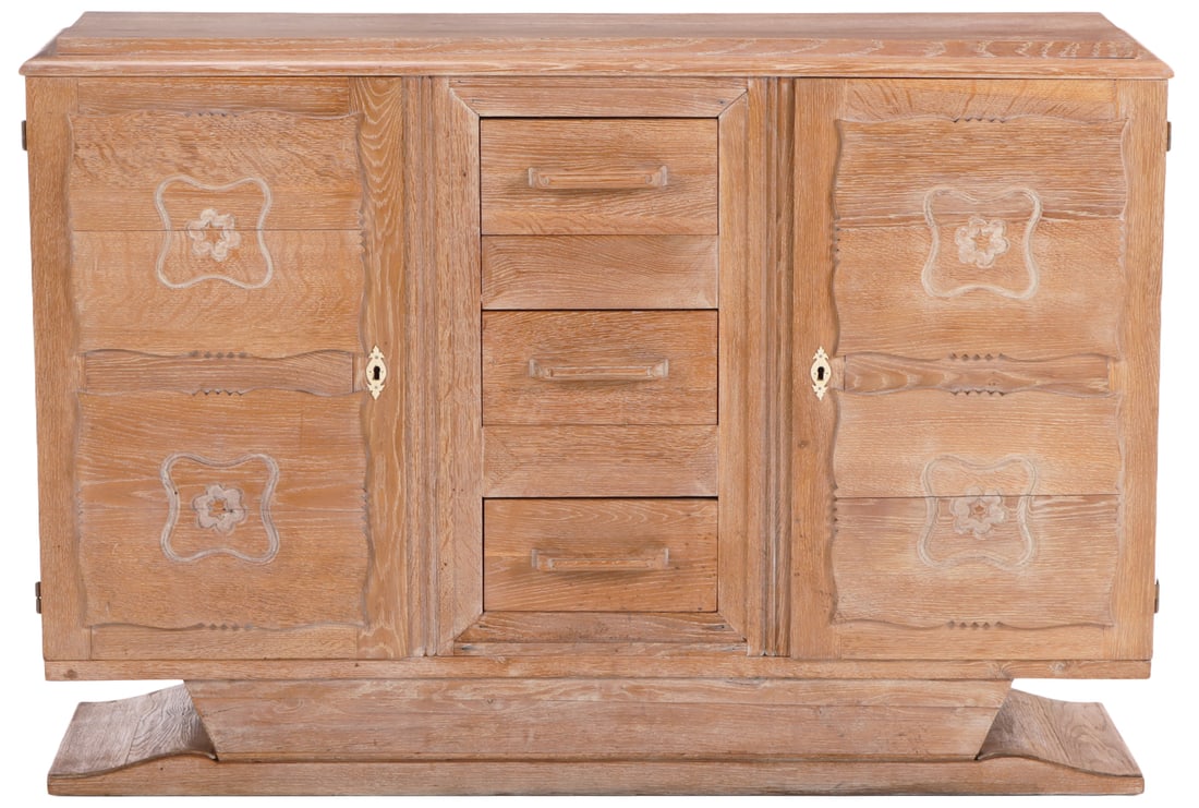 FRENCH CERUSED OAK SIDEBOARD HAVING TWO DOORS FLANKING A BANK OF DRAWERS C 1950. (1 of 7)