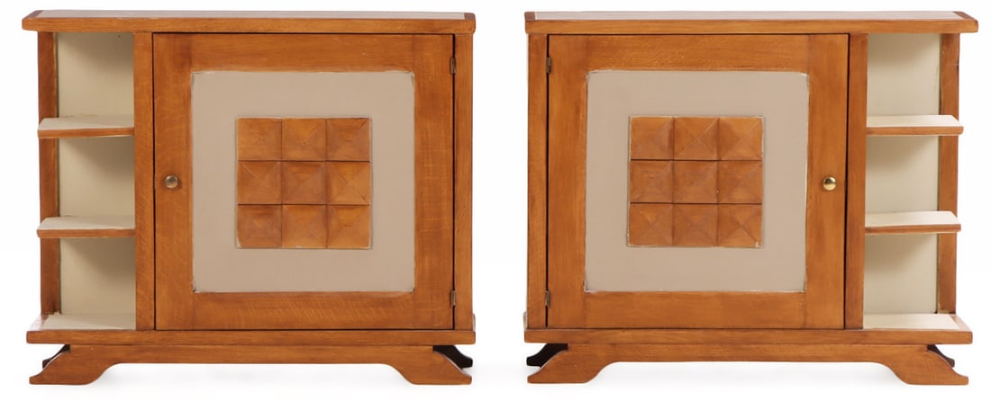 PAIR OF OAK AND PARTIAL PAINTED CABINETS IN THE MANNER OF CHARLES DUDOUYT, EACH HAVING A SINGLE: Pair of oak and partial painted cabinets in the manner of Charles Dudouyt, each having a single door opening to adjustable shelves C 1940. Ht: 29.5" Wd: 35.75" Dpth: 10.5"