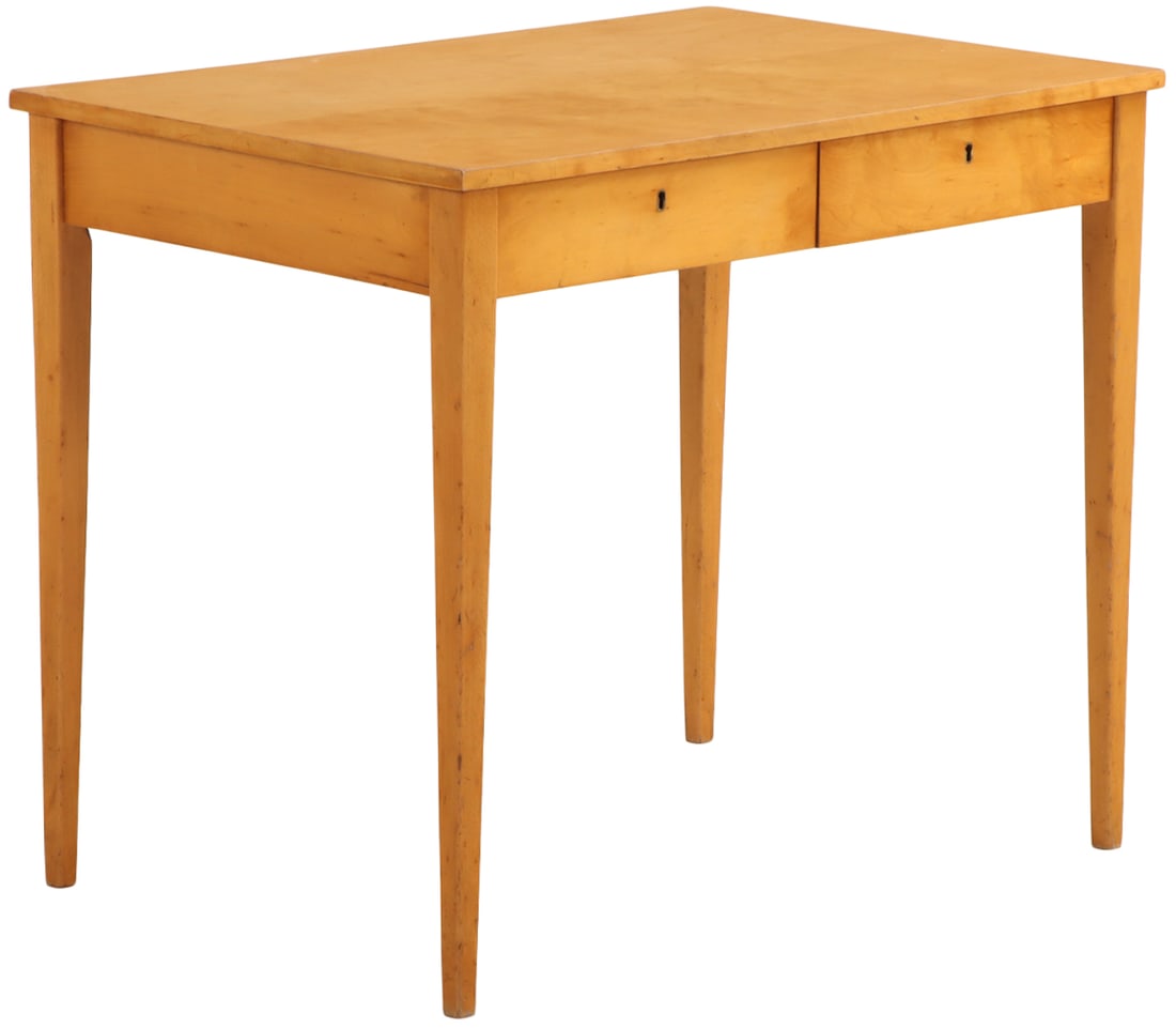 BELGIAN MAPLE WRITING TABLE WITH TWO DRAWERS C 1950 BY IMEXCOTRA. NOTE UNUSUAL LABEL IN FRENCH (1 of 7)