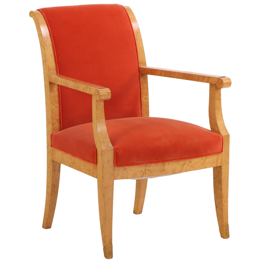 FRENCH BIRDSEYE MAPLE OPEN ARM CHAIR IN THE MANNER OF ANDRE ARBUS C 1945. (1 of 7)