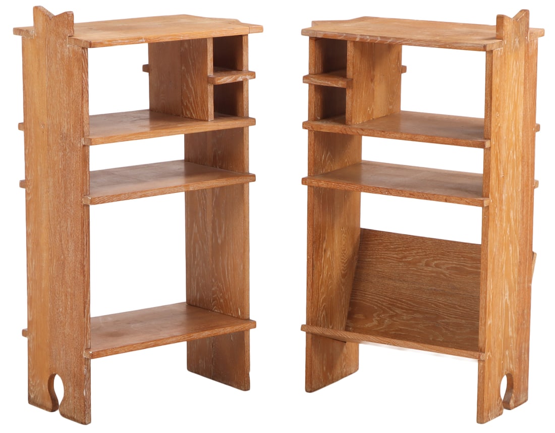 A PAIR OF FRENCH CERUSED OAK OPEN BOOKCASES C 1945. (1 of 5)