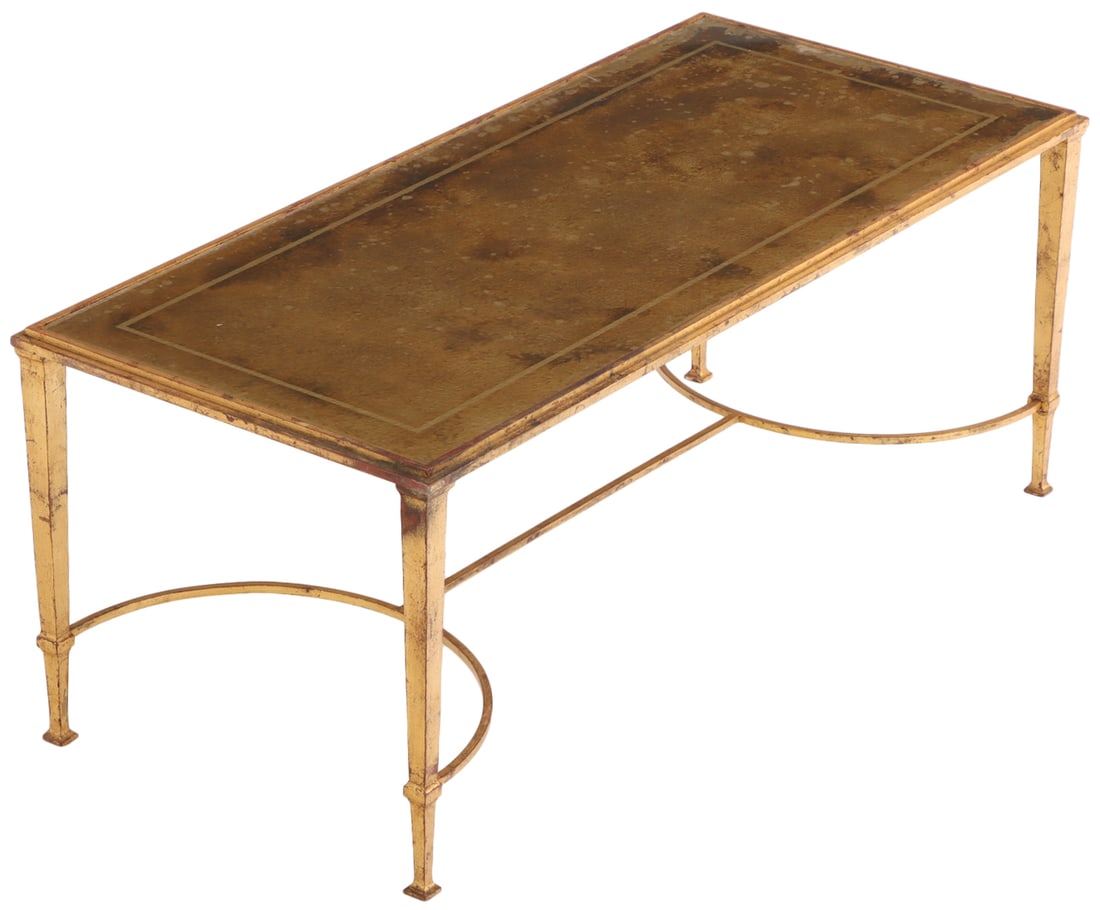 FRENCH GILT IRON COFFEE TABLE ATTRIBUTED TO MAISON RAMSAY HAVING REVERSE PAINTED INSET GLASS TOPS C (1 of 5)