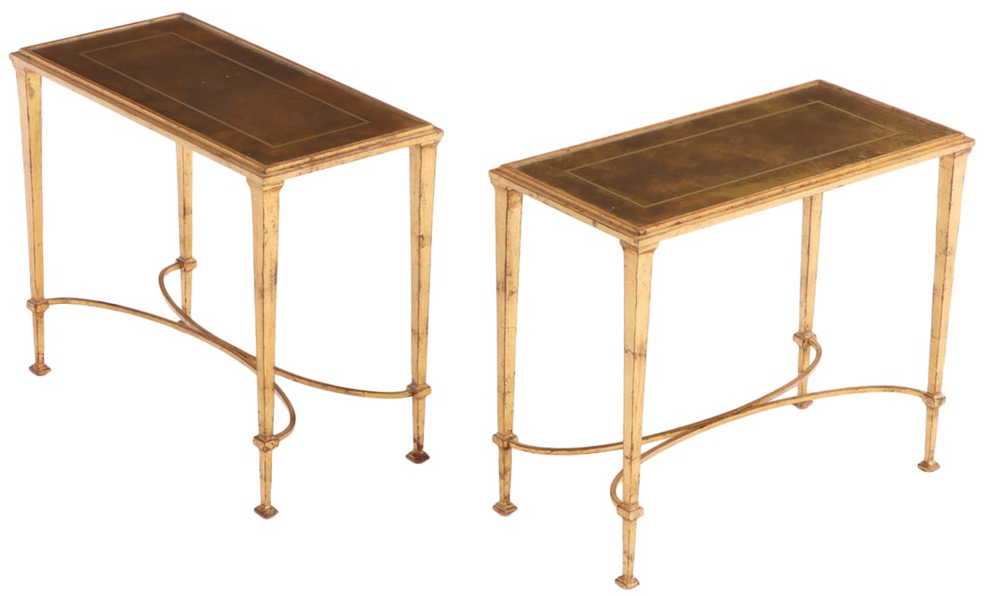 PAIR OF FRENCH GILT IRON END TABLES ATTRIBUTED TO MAISON RAMSAY HAVING REVERSE PAINTED INSET GLASS (1 of 5)