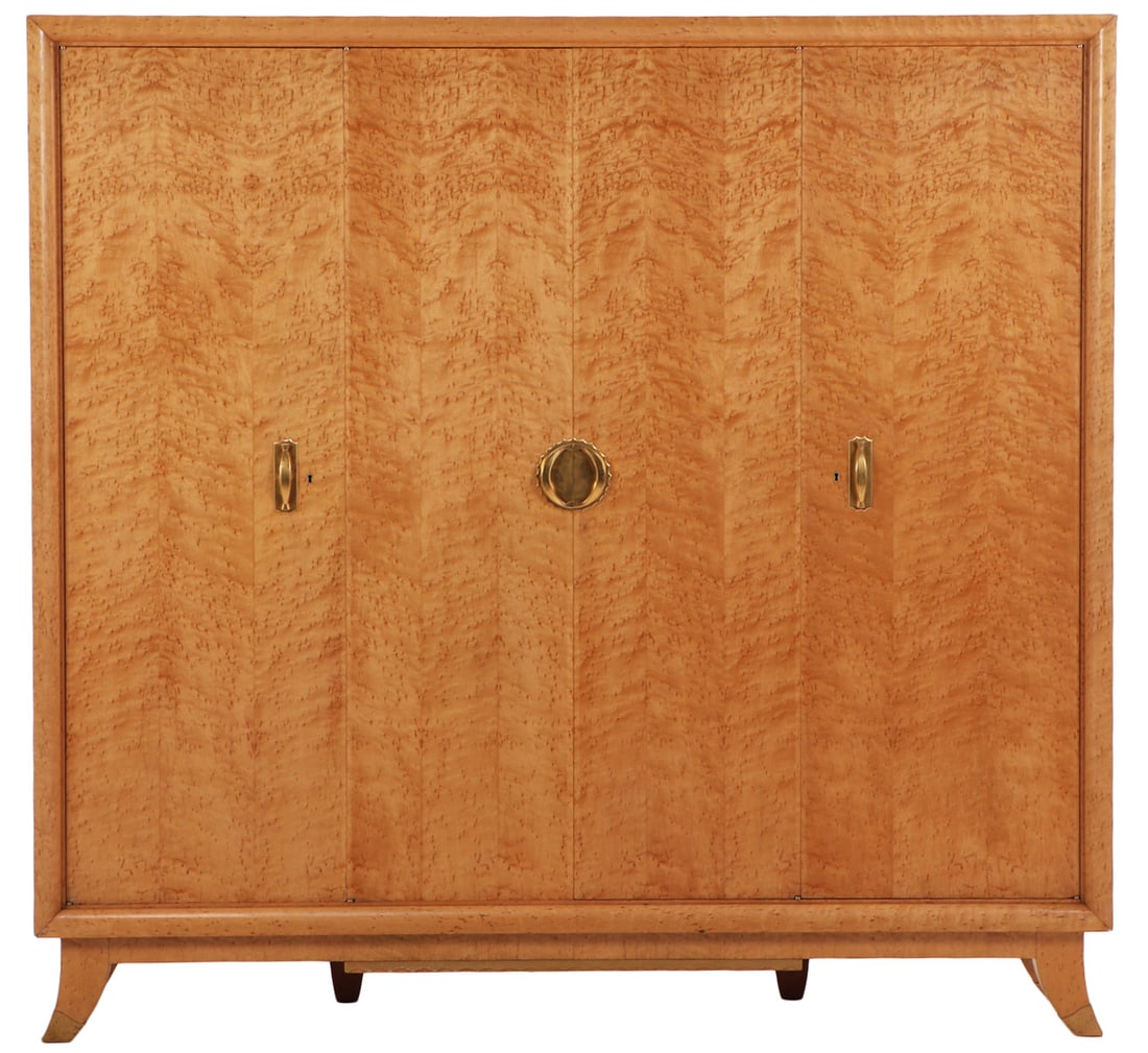 FRENCH BIRDSEYE MAPLE THREE DOOR CABINET OPENING TO THREE MIRRORED DOORS THAT OPEN TO A FITTED (1 of 12)