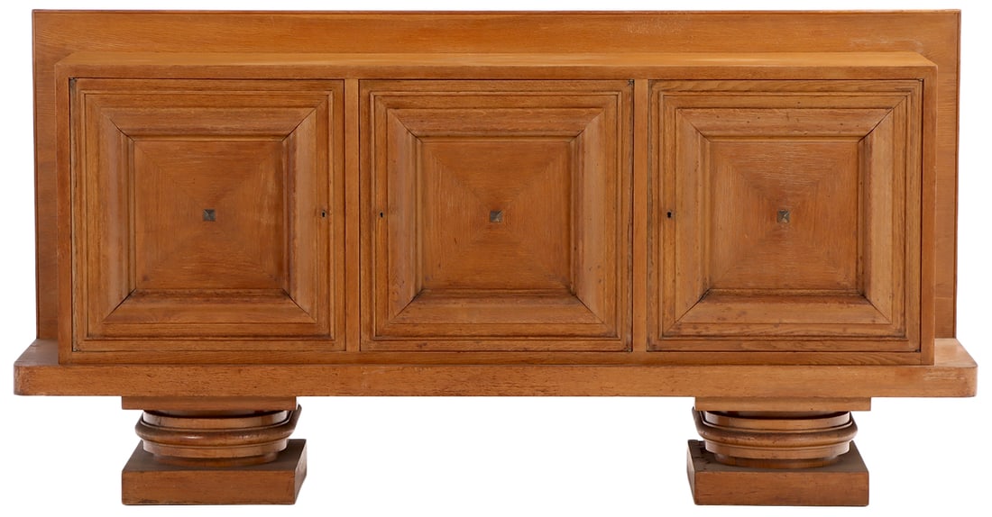 FRENCH OAK THREE DOOR SIDEBOARD BY FRANCISQUE CHALEYSSIN C 1945 FEATURING LARGE TURNED SUPPORTS. (1 of 6)