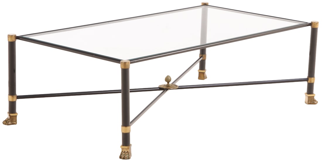 FRENCH EMPIRE STYLE BRASS AND STEEL GLASS TOP COFFEE TABLE IN THE MANNER OF MAISON CHARLES C (1 of 5)