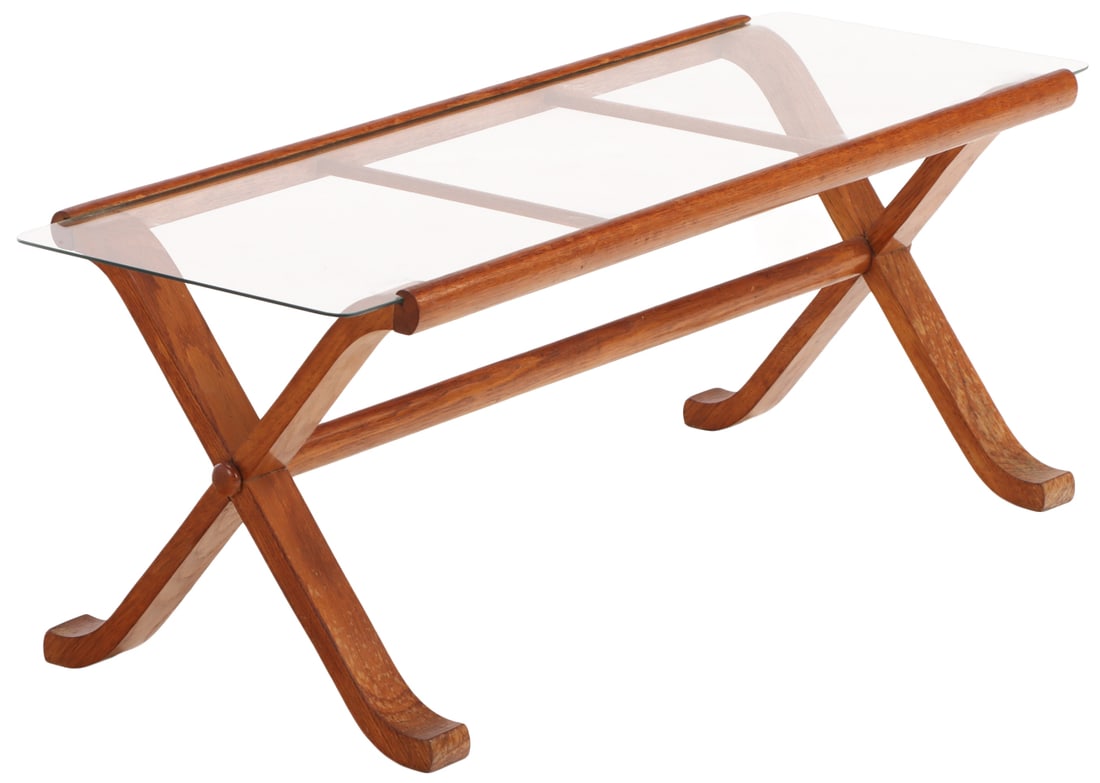 FRENCH OAK AND GLASS COFFEE TABLE WITH X DESIGN C 1945.: French oak and glass coffee table with X design C 1945. Ht: 13.5" Wd: 35.5" Dpth: 13"