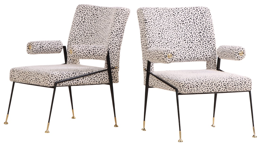 LARGE PAIR OF PAINTED IRON AND BRASS UPHOLSTERED ARM CHAIRS IN THE MANNER OF JULES LELEU. (1 of 6)