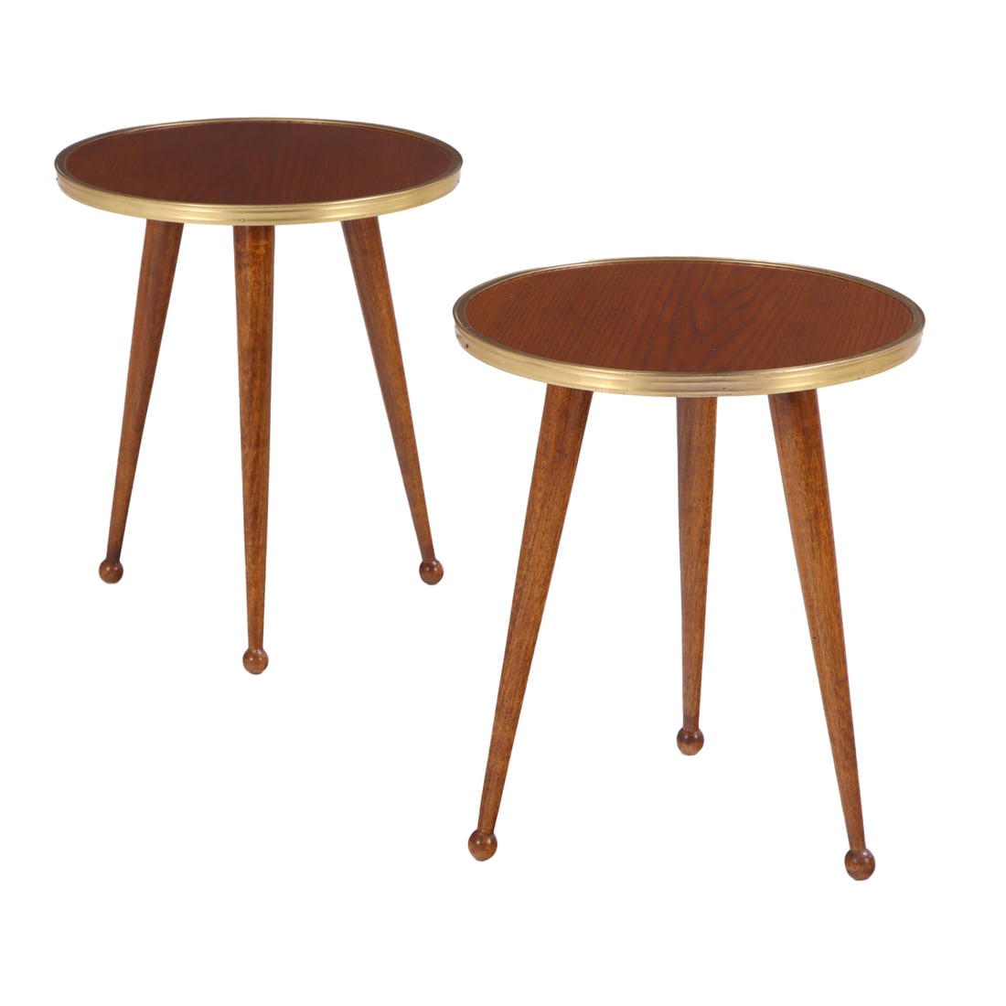 PAIR OF ROUND DRINKS TABLES HAVING OAK TOPS BOUND IN BRASS RESTING ON BALL FORM FEET. (1 of 5)