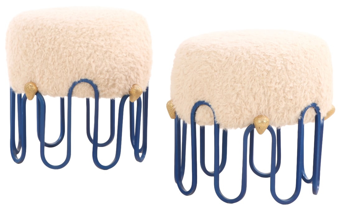 PAIR OF PAINTED BLUE IRON AND BRONZE STOOLS HAVING FAUX FUR UPHOLSTERY AND BRONZE STRAWBERRY (1 of 4)