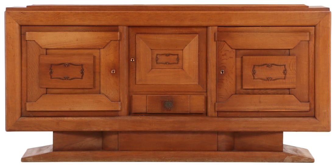 TWO PART FRENCH OAK AND BRASS MOUNTED SIDEBOARD C 1945. (1 of 8)